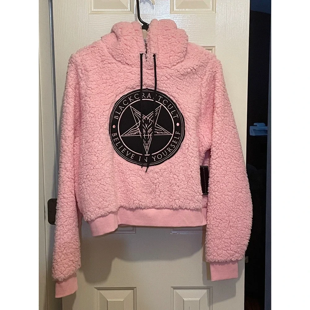 BlackCraft Cult Pink Sherpa Hoodie Believe In Yourself Baphomet Cropped LG NEW - Picture 3 of 6
